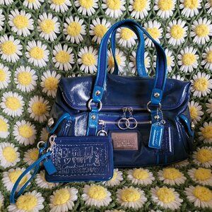 Coach Poppy Blue Leather Bag + Wristlet